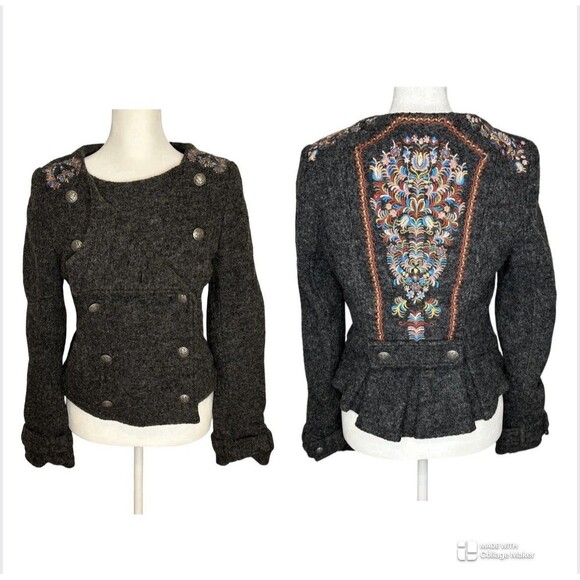 Free People Wool Blend Gray 4 Bohemian Embroidered Pleated Button Jacket Blazer - Picture 1 of 13